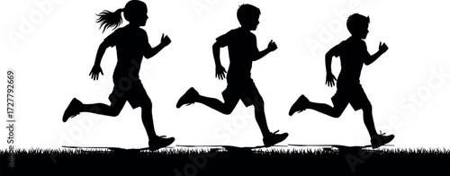 Silhouette of active children running outdoors on grass field, promoting youth fitness, outdoor play, childhood exercise, and healthy lifestyle themes.