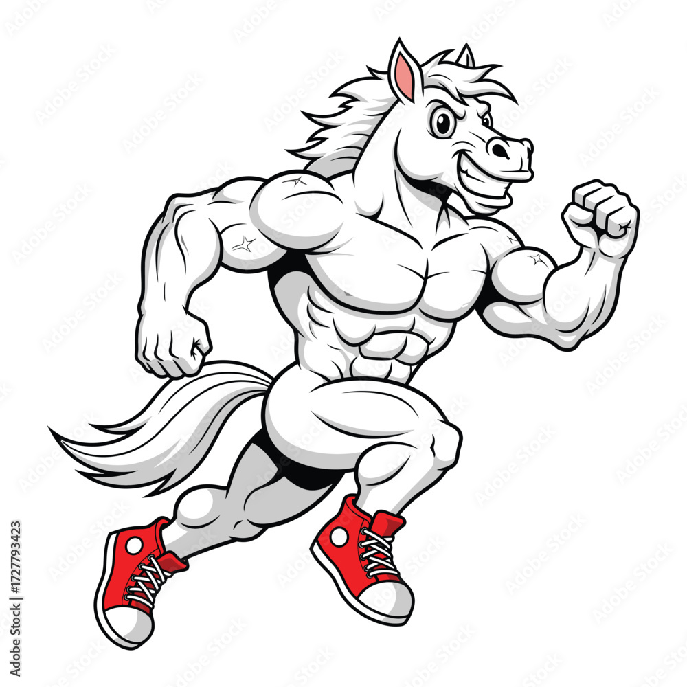 Fototapeta premium Cartoon muscular white horse running with powerful physique