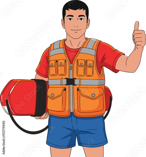 Cartoon person wearing life vest holding red bag and giving thumbs-up, safety gear character, vector illustration for kids, travel and outdoor activity content