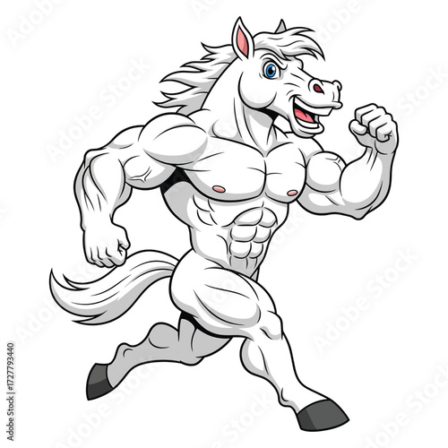 Cartoon muscular white horse running with powerful physique