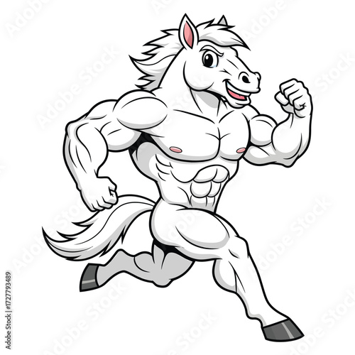 Cartoon muscular white horse running with powerful physique