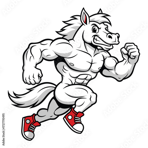 Cartoon muscular white horse running with powerful physique