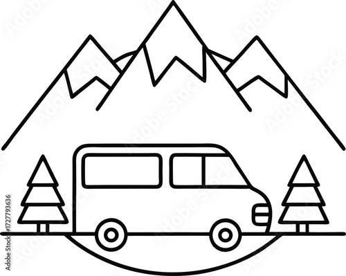 camping van mountain backdrop illustration on transparent background
