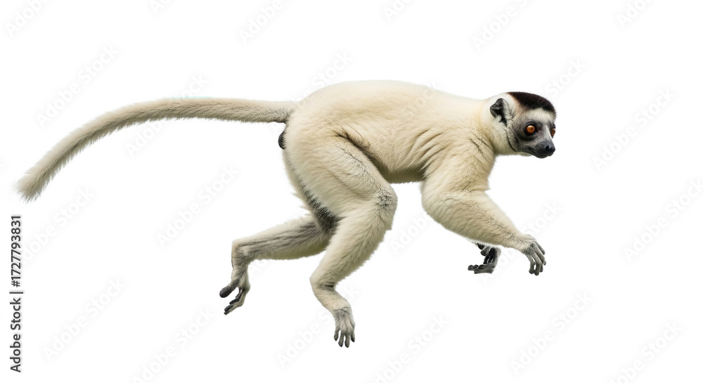 Fototapeta premium White lemur with black markings leaping between trees against a white background.