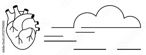 Anatomical heart transforming into a cloud with dynamic lines suggesting movement and flow. Ideal for health, emotion, connection, transformation, creativity, imagination, mindfulness. Simple flat