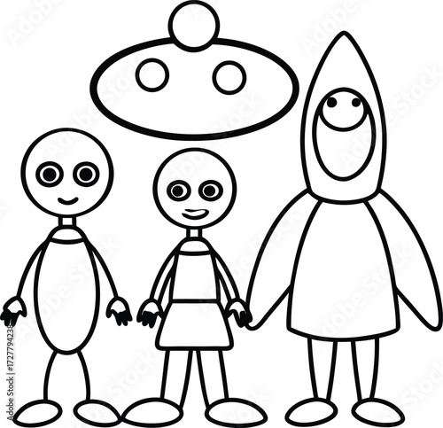 cute alien family with spaceships illustration on transparent background