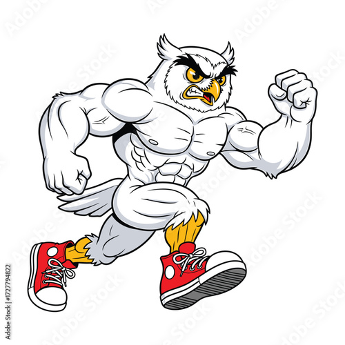 Muscular cartoon owl running with red sneakers and determined expression