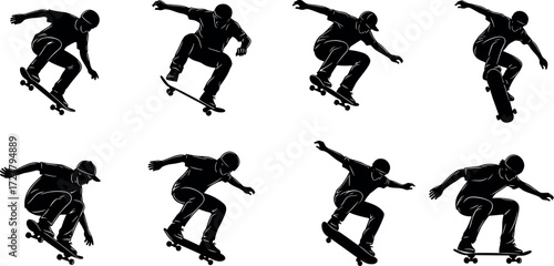 Skateboard trick silhouette sequence showing dynamic motion, balance, and skill in urban extreme sport for youth lifestyle and action design