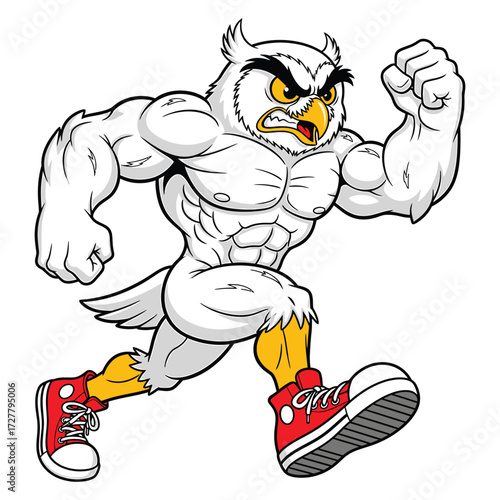Muscular cartoon owl running with red sneakers and determined expression