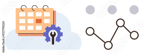 Calendar with a gear on a cloud for settings and task management beside connected dots for data analysis. Ideal for planning, productivity, workflow, analytics, strategy, organization, efficiency. A