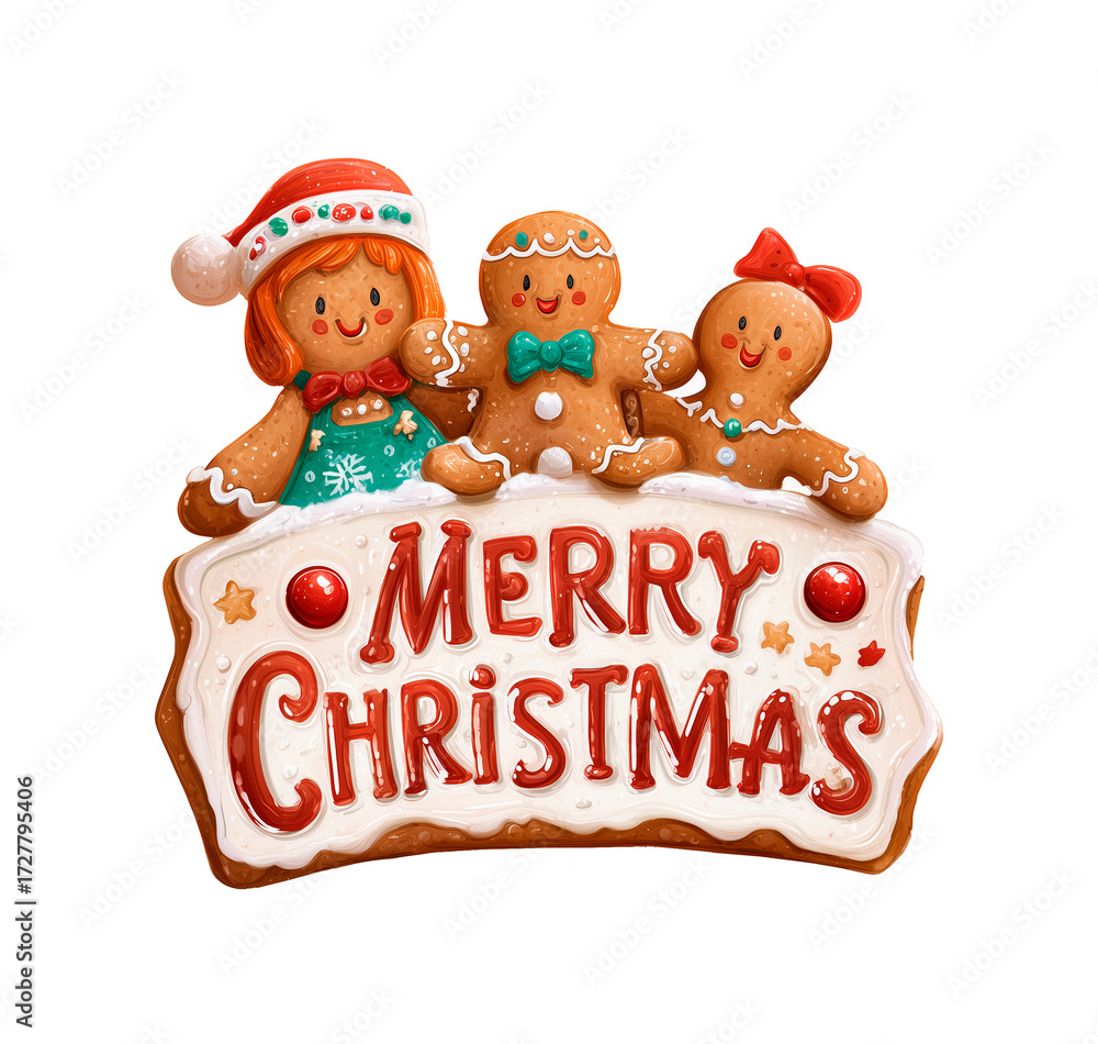 Naklejka premium Watercolor gingerbread family with “Merry Christmas” sign and holly. Festive clipart, isolated on white