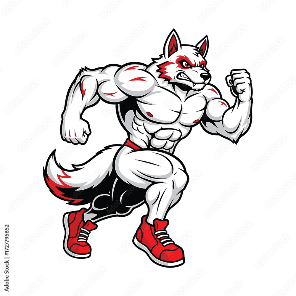 Fototapeta premium Muscular white fox character running with red accents