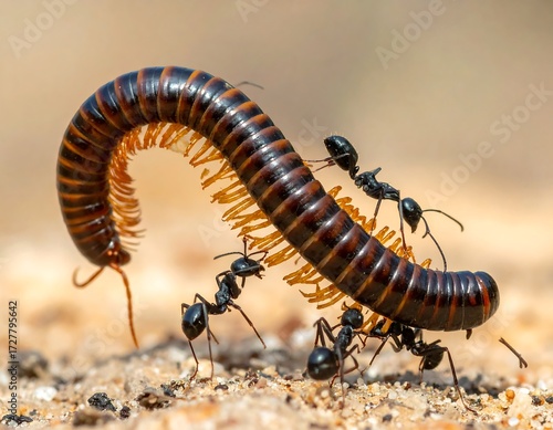 Millipede and ants engaged in a struggle on the ground