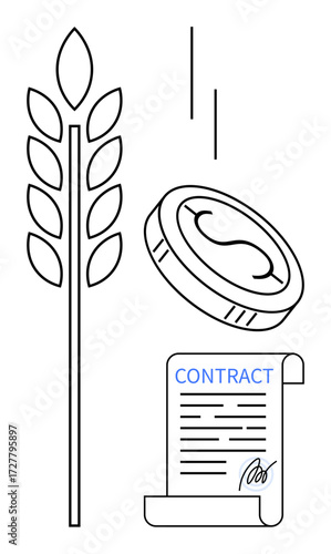 Wheat stalk, falling coin, and signed contract emphasize farming, finance, partnership, and economic stability. Ideal for agriculture, procurement, investment trade economy sustainability simple