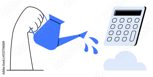 Hand watering a calculator with drops falling, representing investment in financial growth. Ideal for finance, savings, strategy, productivity, planning, innovation sustainability. Simple flat