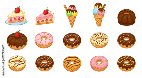 Delicious assortment of sweet desserts cake, ice cream cones, donuts and bundt cake, perfect for culinary themes and graphic designs