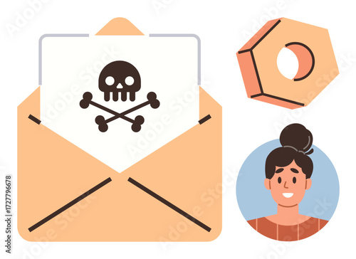 Open envelope with skull and crossbones signifies danger, hexagonal object and woman s portrait imply cybersecurity risks, threats in communication. Ideal for technology, security, email, malware