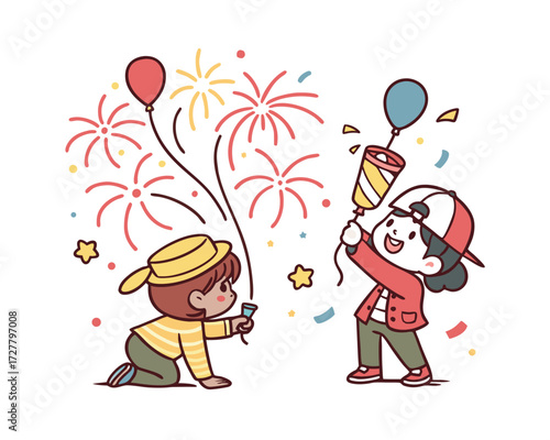 Cute Cartoon Kids Celebrating with Fireworks Balloons and Confetti Festive Holiday Celebration Illustration Design for Children