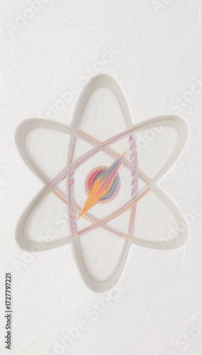 An enlarged illustration of a children's drawing with colored pencils of a peaceful atom. Vector graphics. EPS.