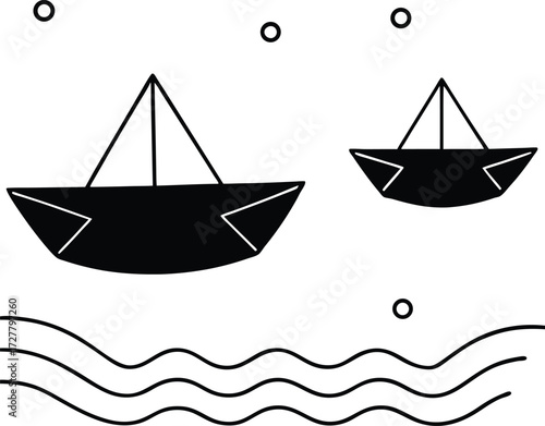 floating paper boats in dreamy river illustration on transparent background