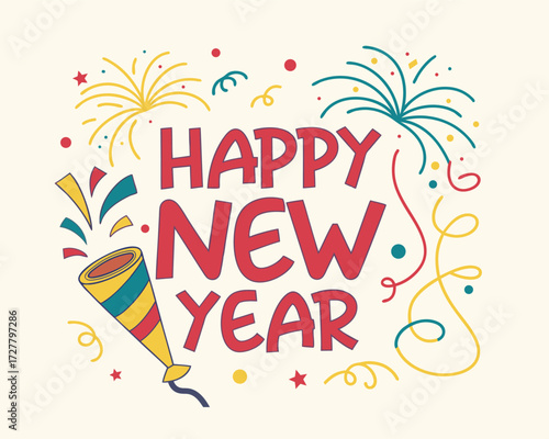 Festive Happy New Year Celebration with Fireworks and Confetti Design to Welcome the New Year in Style and Cheer