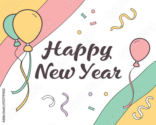 Festive Happy New Year Celebration with Colorful Balloons and Confetti for Holiday Greetings and Party Decorations