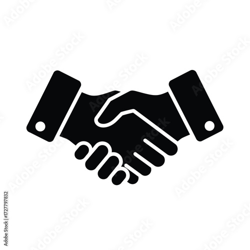 A simple black silhouette of two hands firmly shaking together