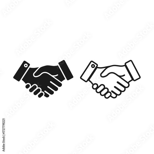 Two simple outlined handshakes in black and white illustrations