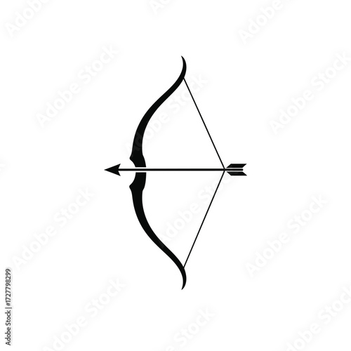 A simple black and white illustration of a classic archery bow and arrow