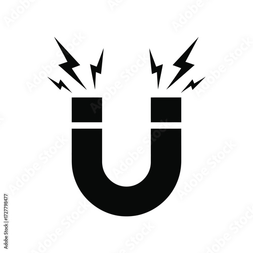 A black horseshoe magnet attracting sparks with electrical energy displayed