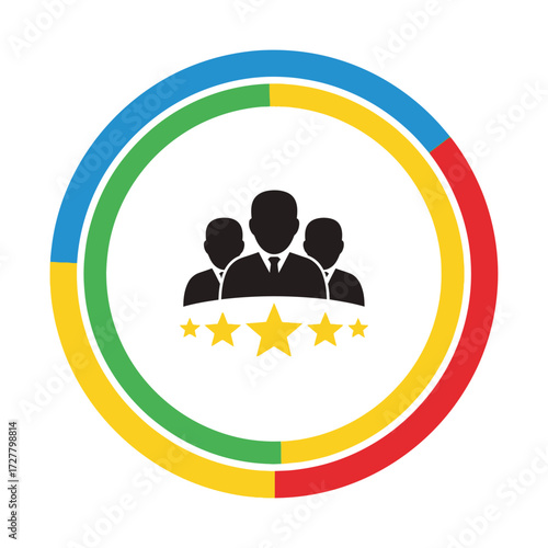 A colorful circular graphic featuring silhouettes and five star ratings