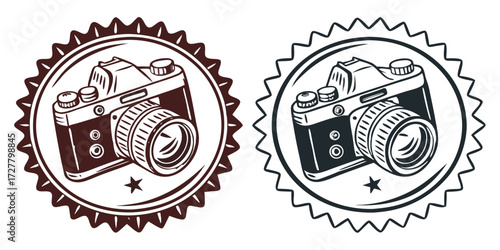 Two vintage camera logos, showcasing a classic design with intricate details and a retro aesthetic, perfect for photography enthusiasts
