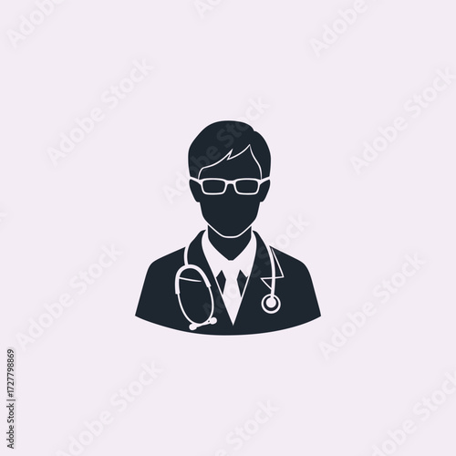 A simple black silhouette icon of a doctor with stethoscope and glasses