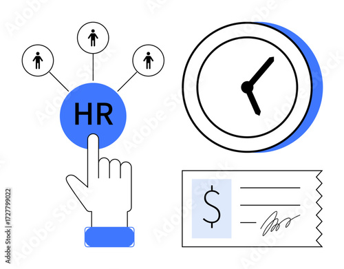 Hand interacting with HR button linked to employees, clock showing time, payroll document signed. Ideal for human resources, management, time tracking, payroll, recruitment, workforce planning