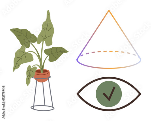 Potted leafy plant in stand symbolizes growth, gradient cone diagram for trends, and eye with a checkmark for validation. Ideal for sustainability, focus, ideas, growth, trends, decision-making