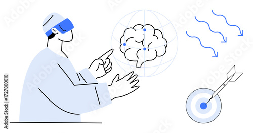 Person interacting via VR headset, analyzing brain network data, focused on accuracy and goal-setting. Ideal for innovation, technology, virtual reality, neuroscience, data visualizations, futuristic