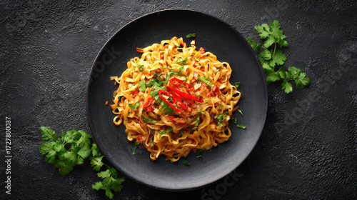 A plate of delicious noodles with fresh herbs on a black background. The noodles are cooked and served in a plate, with garnishing