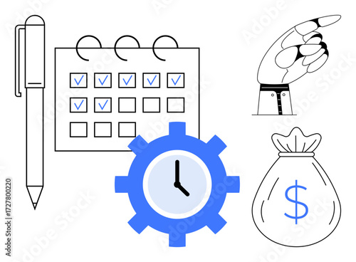 Pen, calendar with checkmarks, clock inside a gear, robotic hand pointing, and money bag. Ideal for productivity, time management, automation, financial planning organization workflow efficiency