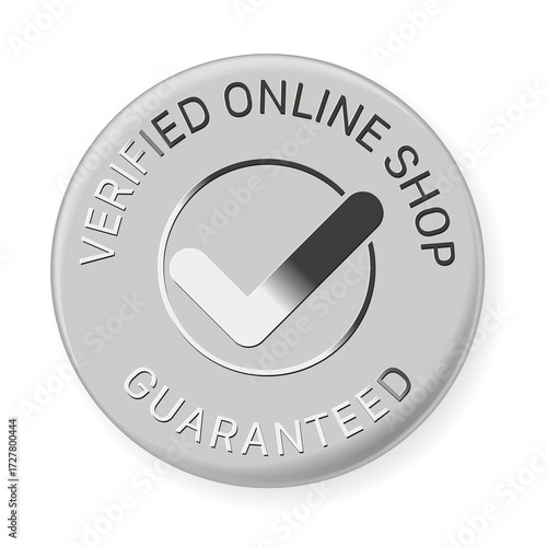 Verified online shop badge displays a check mark, ensuring online trust. Vector sticker with icon and badge style, transparent background