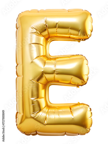 Golden letter e balloon isolated on transparent background, ideal for spelling out names, creating celebratory messages, and adding a touch of elegance to any party decor