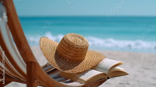 Relaxing day at the beach with a book and straw hat on a sunny shore