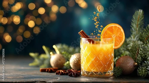 Celebrate with a refreshing orange drink garnished with cinnamon and festive decorations in a cozy setting