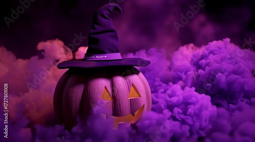 Halloween pumpkin with hat glowing among purple mist in dark setting