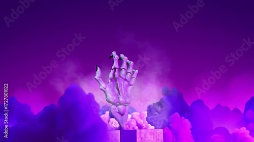 Mysterious hand emerges from a dark box surrounded by purple clouds in a surreal scene of Halloween 