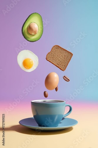 Creative breakfast art with avocado, eggs, and coffee floating above a blue cup