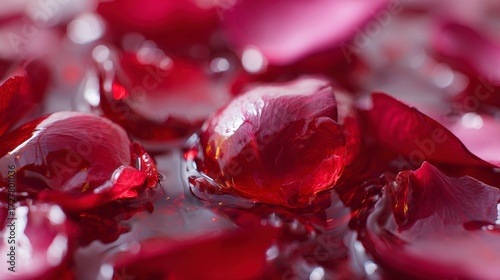 A Close-Up View of Glossy Red Rose Petals Glistening on a Surface, Capturing the Beauty of Natural Textures and Vibrant Colors in an Elegant Arrangement