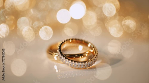 Elegant wedding rings shining in soft golden light during a romantic ceremony
