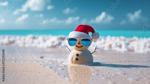 Snowman in sunglasses enjoying beach vibes during Christmas holiday