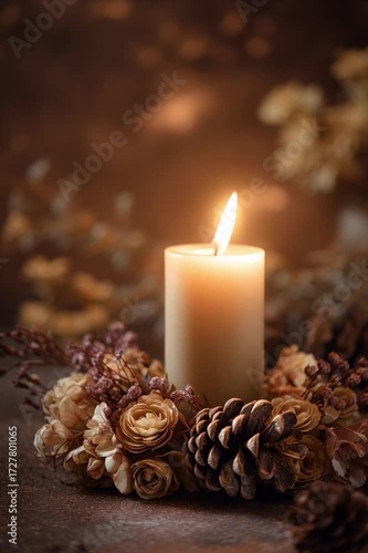 Warm candlelight shines in a cozy autumn setting with flowers and pinecones