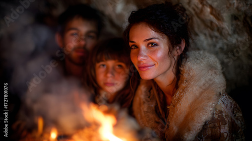 Paleolithic Family by fire, fur clothing, cave interior setting, warm flames, historic lifestyle moment, soft lighting atmosphere, togetherness scene, cozy group portrait